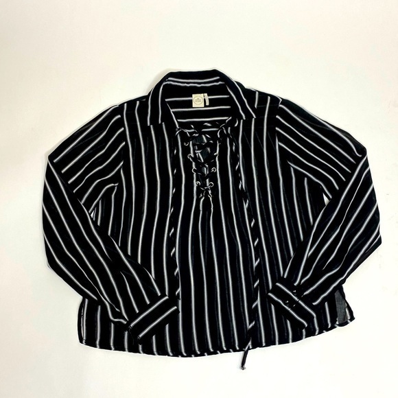 Paper Crane Stripe Lace-Up Collared Blouse - Picture 1 of 5